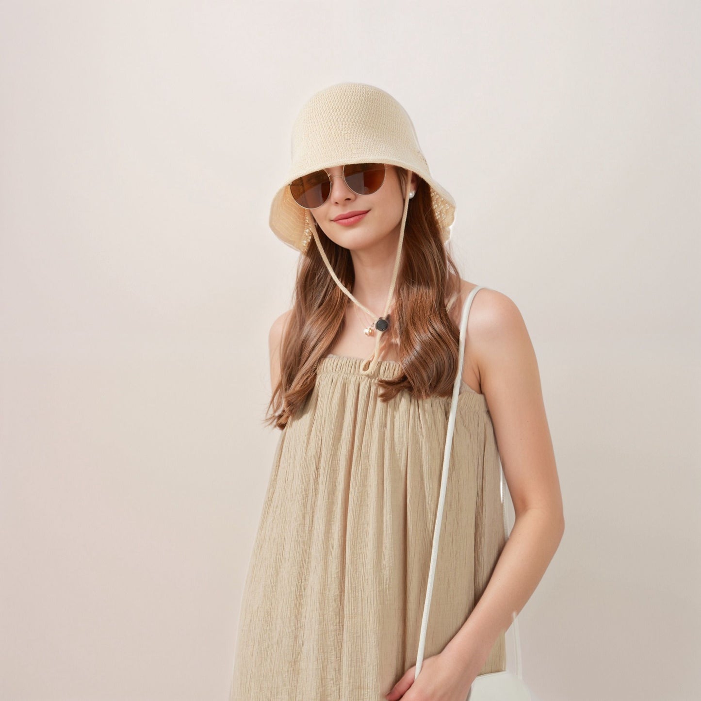 Crochet Bucket Hat with Adjustable Chin Strap and Back Button Eyelet Panel for Sun Protection