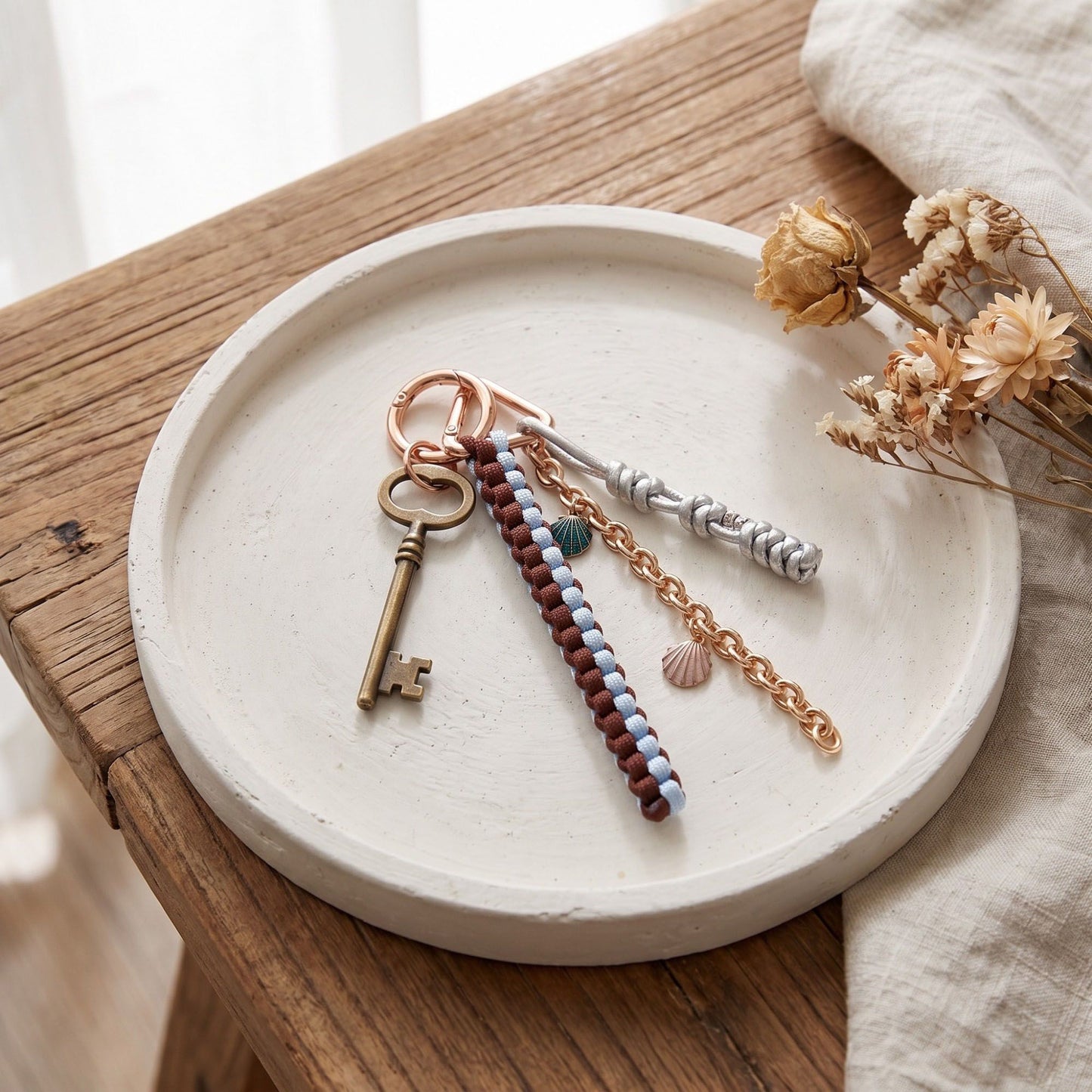 Multi-Strand Braided Cord and Shell Bag Charm Keychain