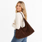 Slouchy Faux Suede Hobo Shoulder Bag with Zip Closure and Wide Strap