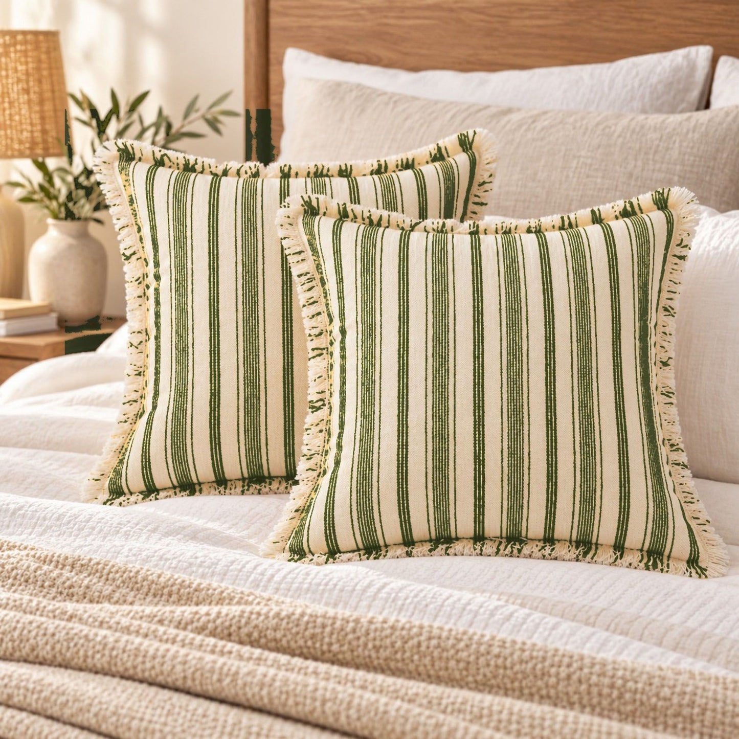 Striped Fringe Decorative Throw Pillow Cover Set of 2
