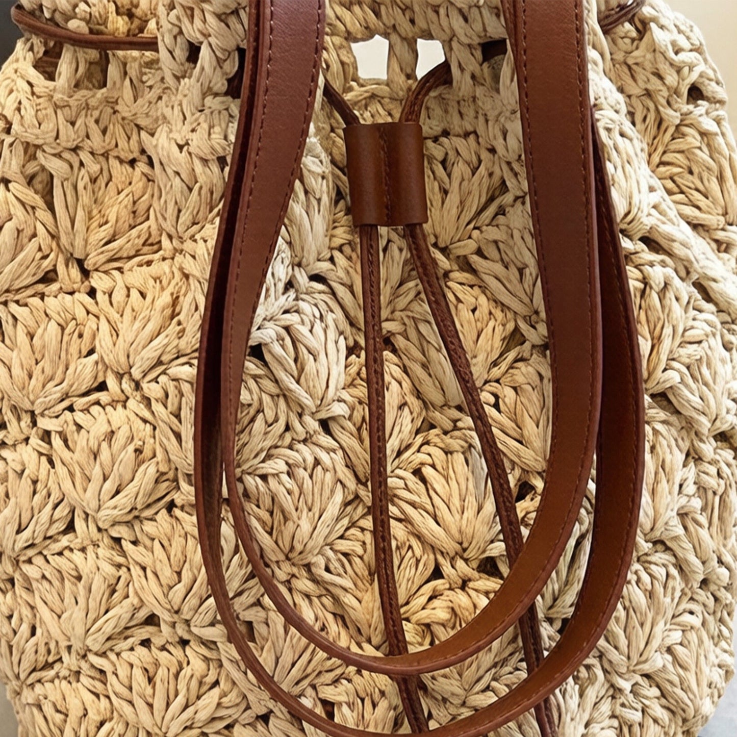Woven Bucket Shoulder Bag with Drawstring Closure Faux Leather Strap Tassel Detail Lightweight Handbag