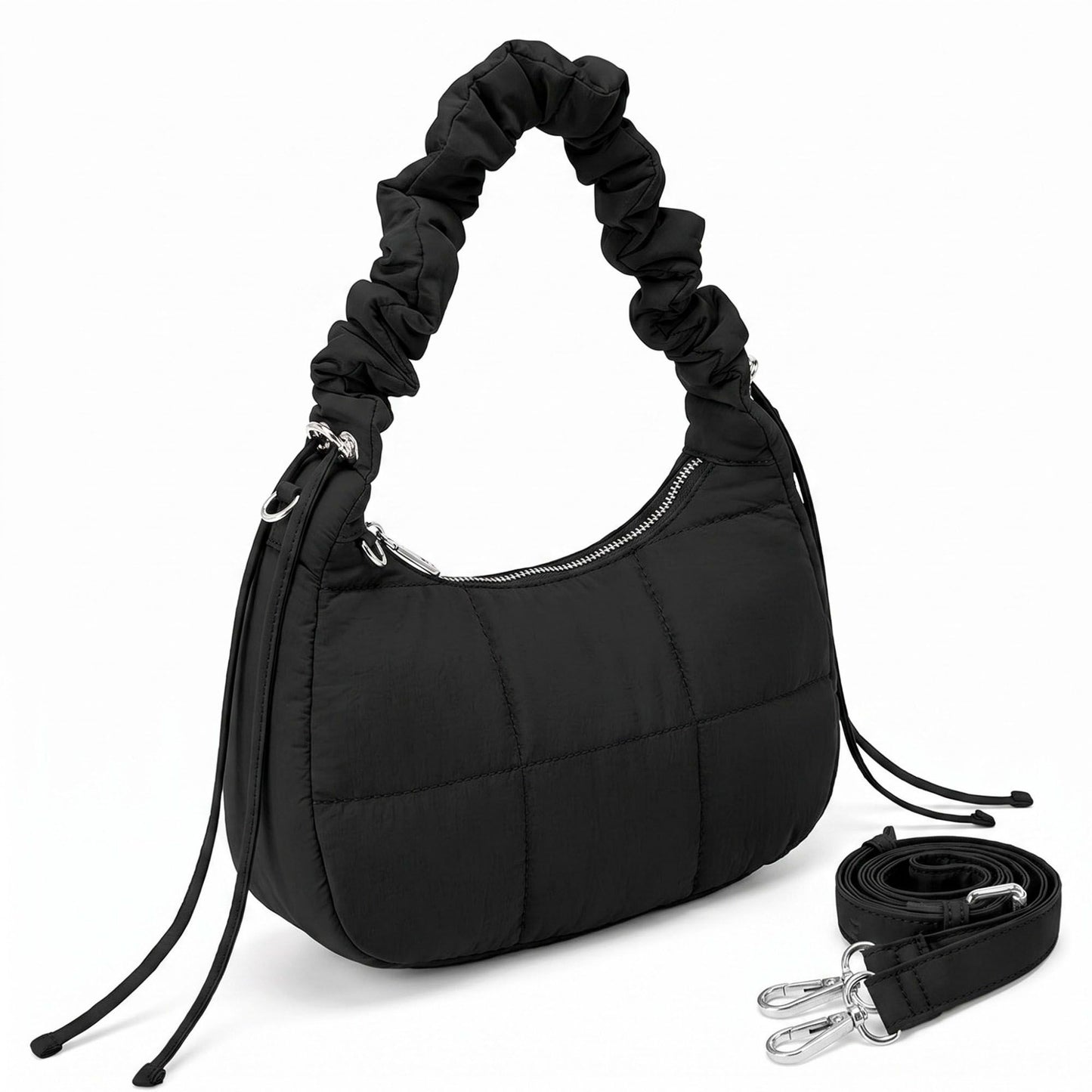 Quilted Crescent Shoulder Bag with Ruched Handle and Detachable Crossbody Strap 10.5x4x6in