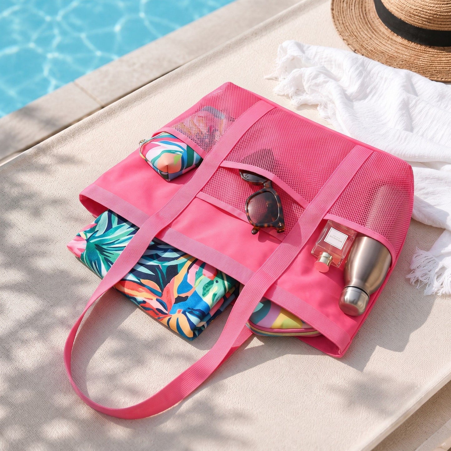 Large Mesh Beach Tote Bag with Exterior Pockets and Shoulder Handles