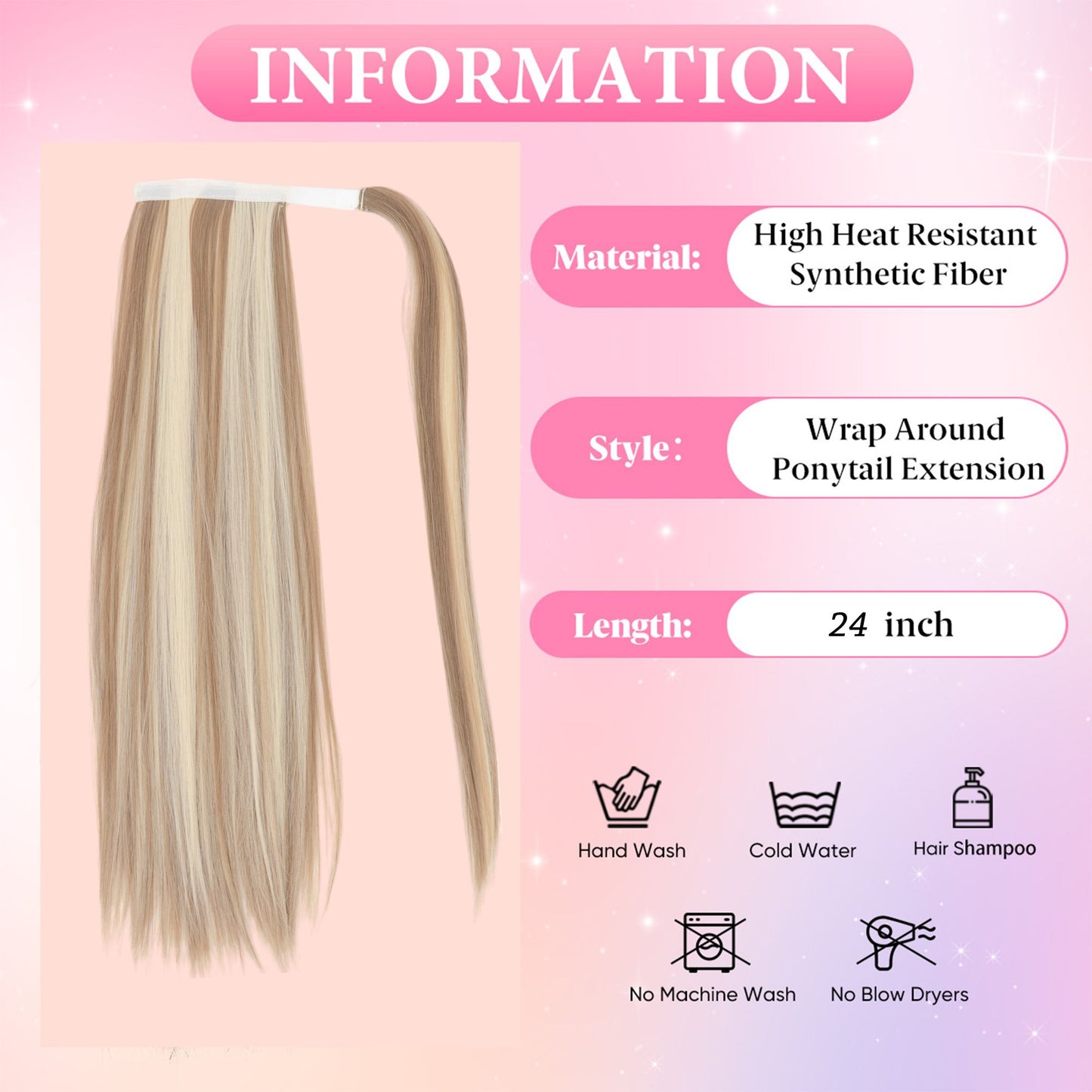 Straight Ponytail Extension - 24 Inch Long Straight Wrap Around Ponytail for Women Clip Ponytail Hair Extensions Synthetic