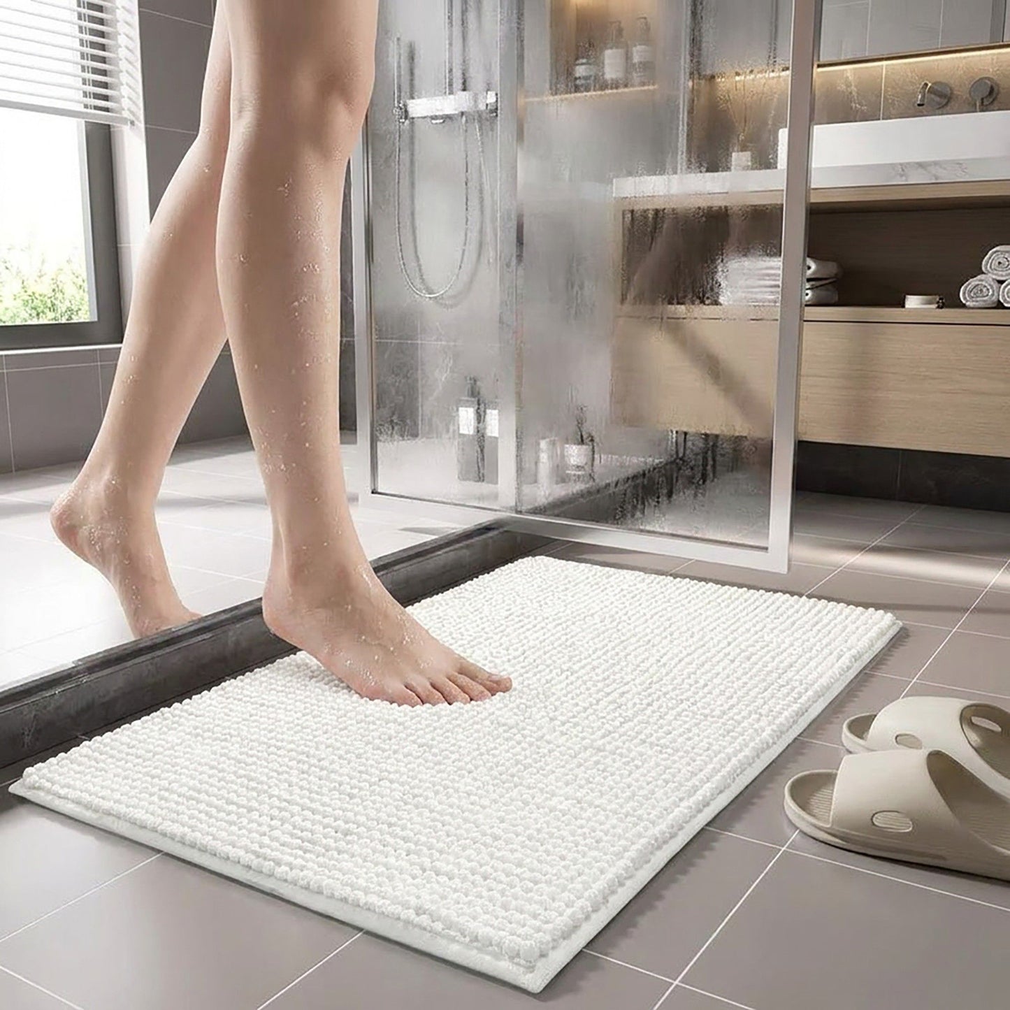 Chenille Bath Mat with Plush Pebble Texture and Non Slip Backing
