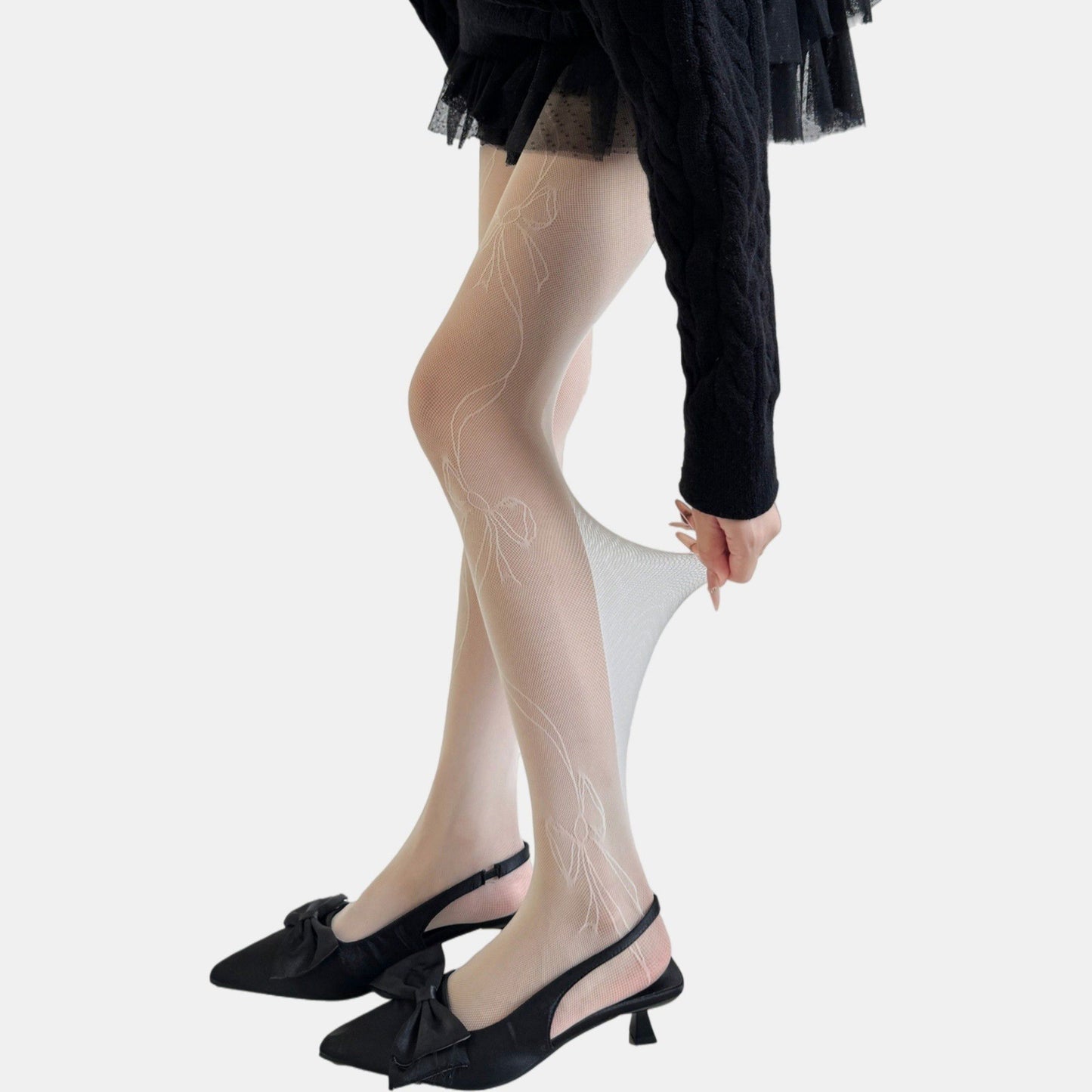 Sheer Bow Line Pattern Tights with Soft Stretch Mesh, Delicate Ribbon Artwork, and Smooth Knit Finish One Size Fits Most