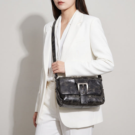 Distressed-Look Flap Shoulder Bag with Metal Clasp
