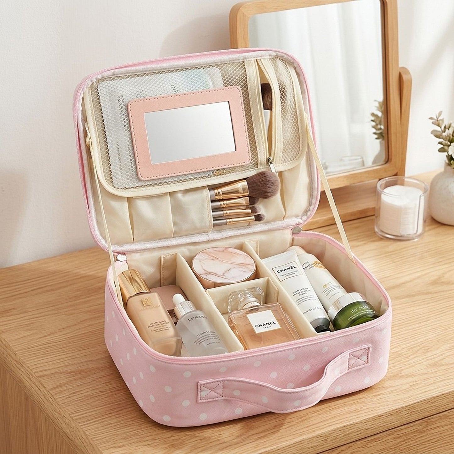 Polka Dot Travel Makeup Case with Dividers and Mirror