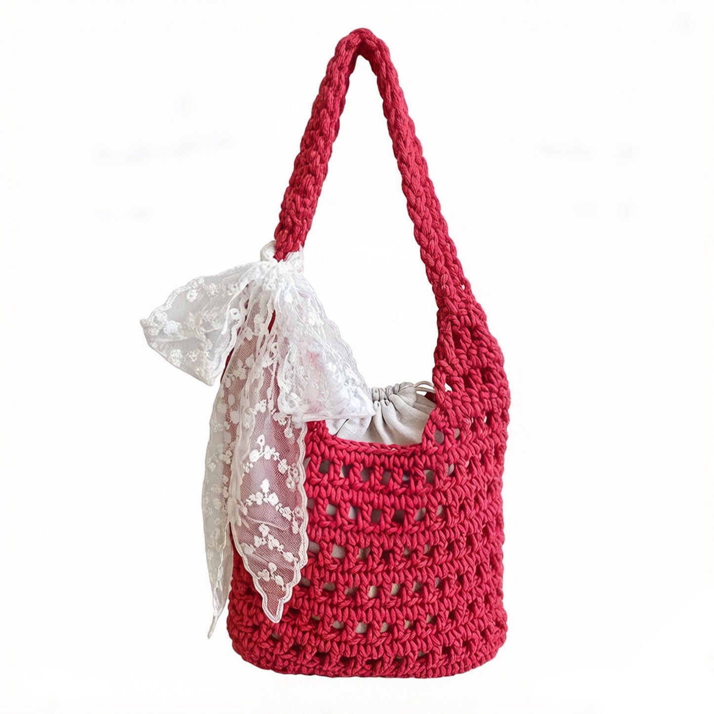 Crochet Shoulder Bag with Lace Bow Detail Knit Bucket Handbag Drawstring Lined Casual Everyday Tote