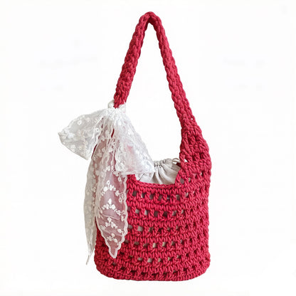 Crochet Shoulder Bag with Lace Bow Detail Knit Bucket Handbag Drawstring Lined Casual Everyday Tote