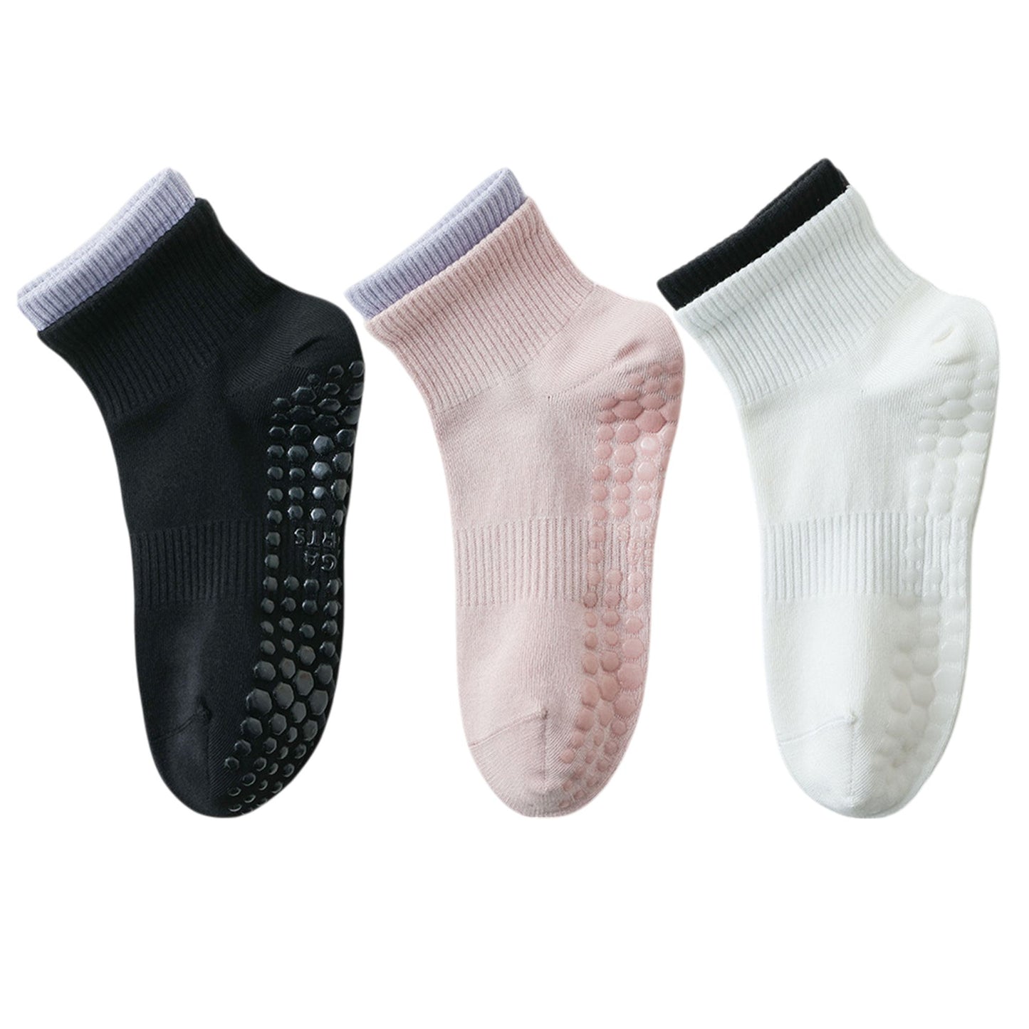3-Pair Set Short Ankle Grip Socks with Ribbed Cuffs Cushioned Soles and Anti-Slip Bottom for Walking or Yoga