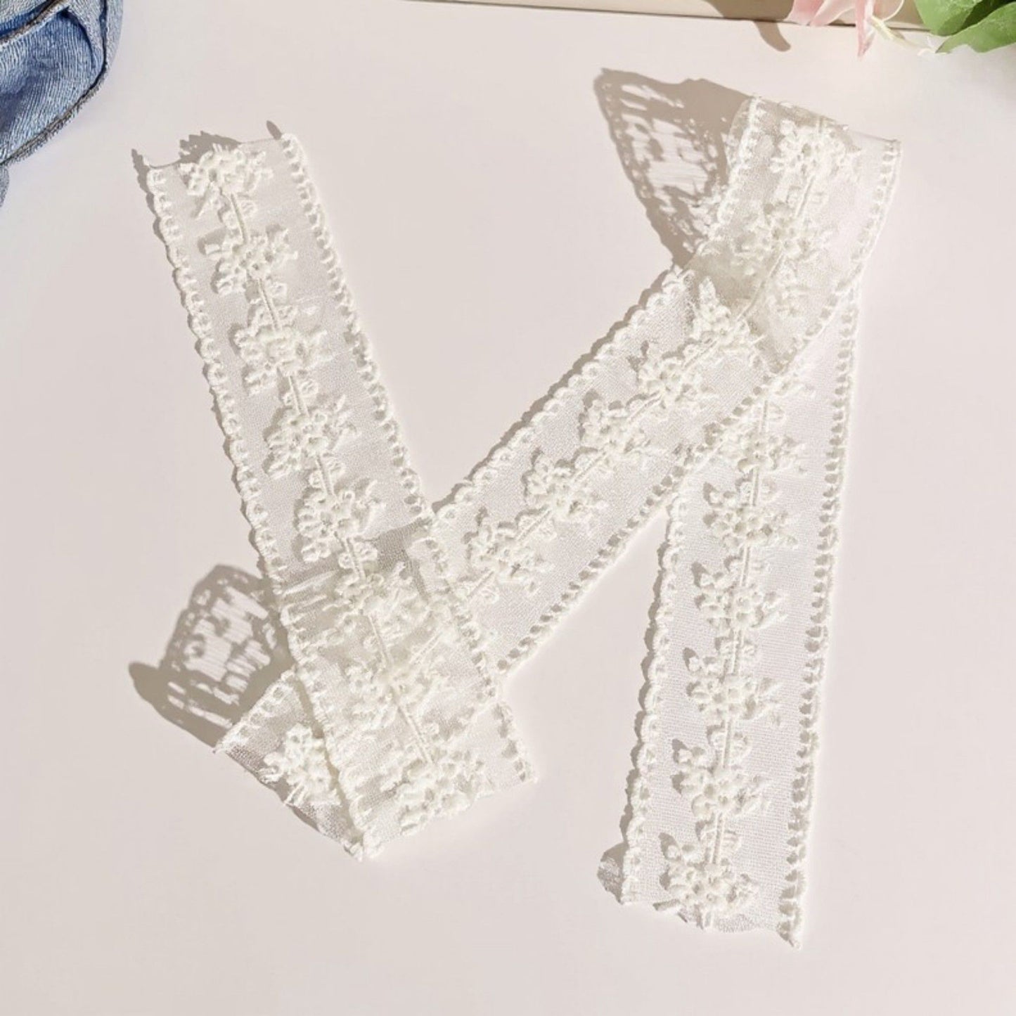 Sheer Floral Lace Belt with Long Tie Ribbon Accent 53in