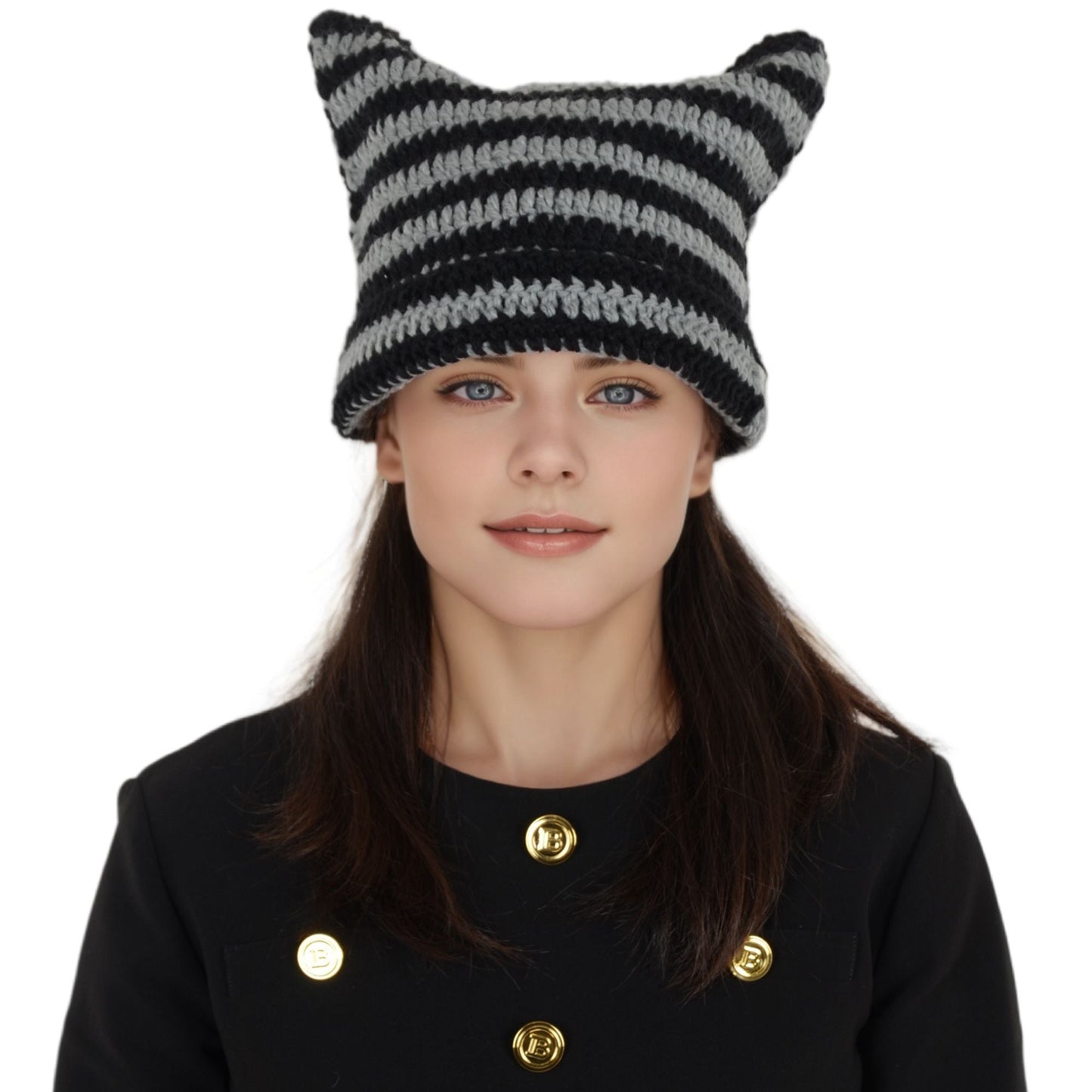 Vintage Crochet Hats Cute Cat Ear Striped Slouchy Beanies Cap for Women and Grey