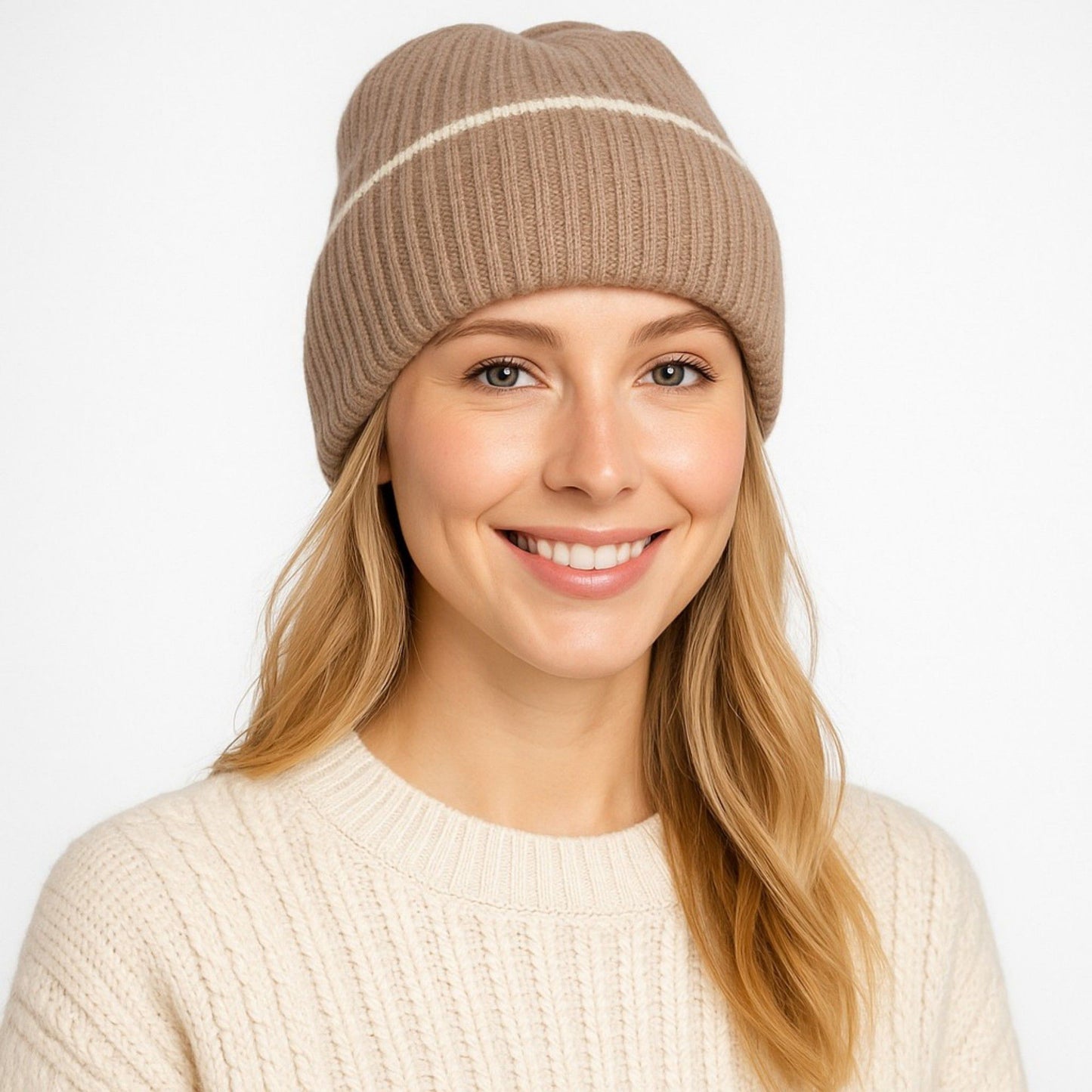 Ribbed Knit Beanie Hat with Contrast Trim and Folded Cuff