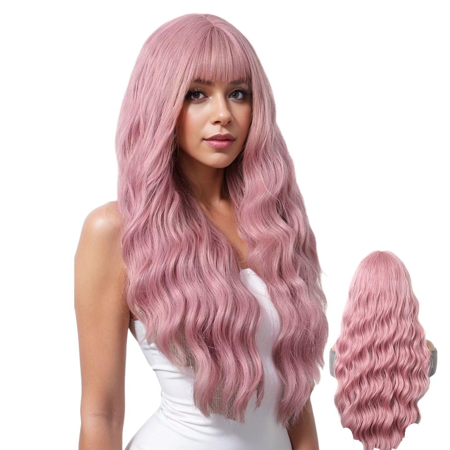 Long White Blonde Synthetic Wig with Bangs Natural Long Wavy Cosplay Wigs Daily Use