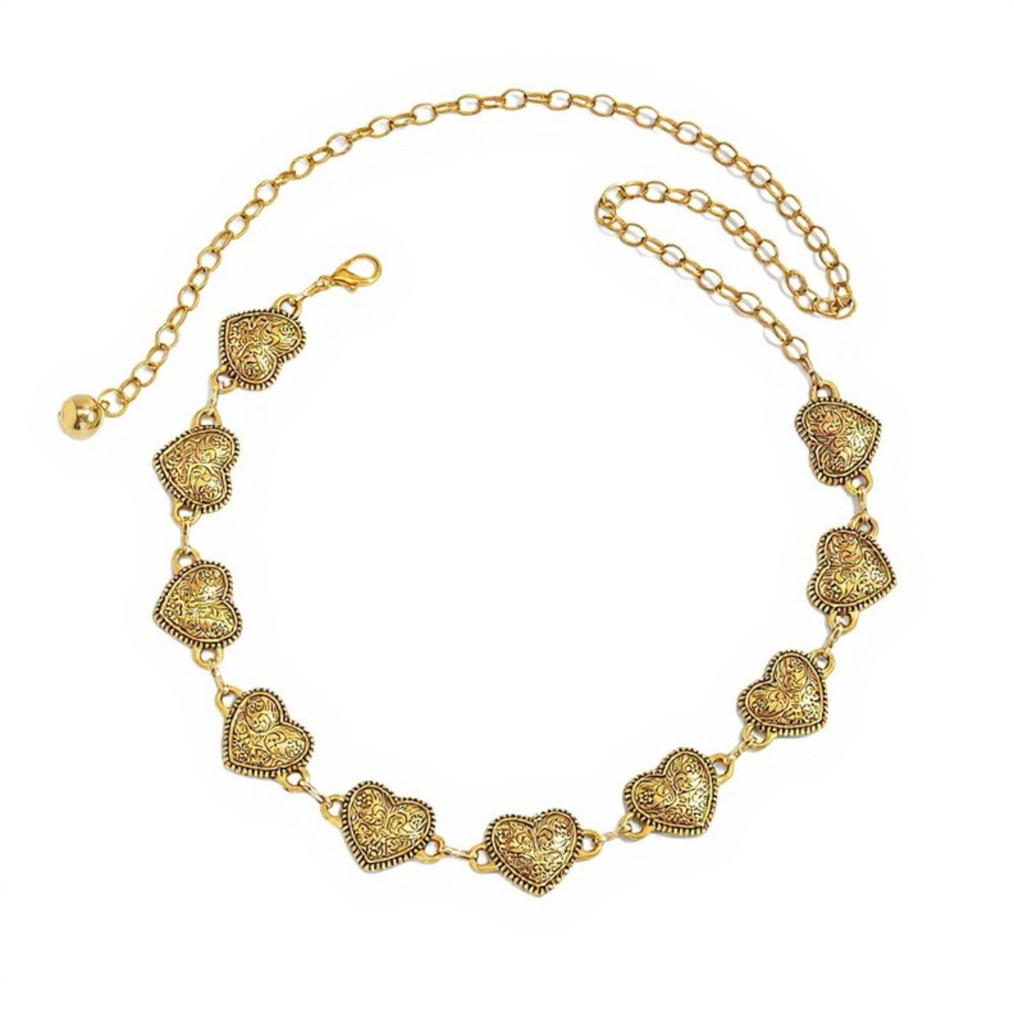 Heart Link Chain Belt with Textured Metal Design and Adjustable Fit 45.5in Valentine