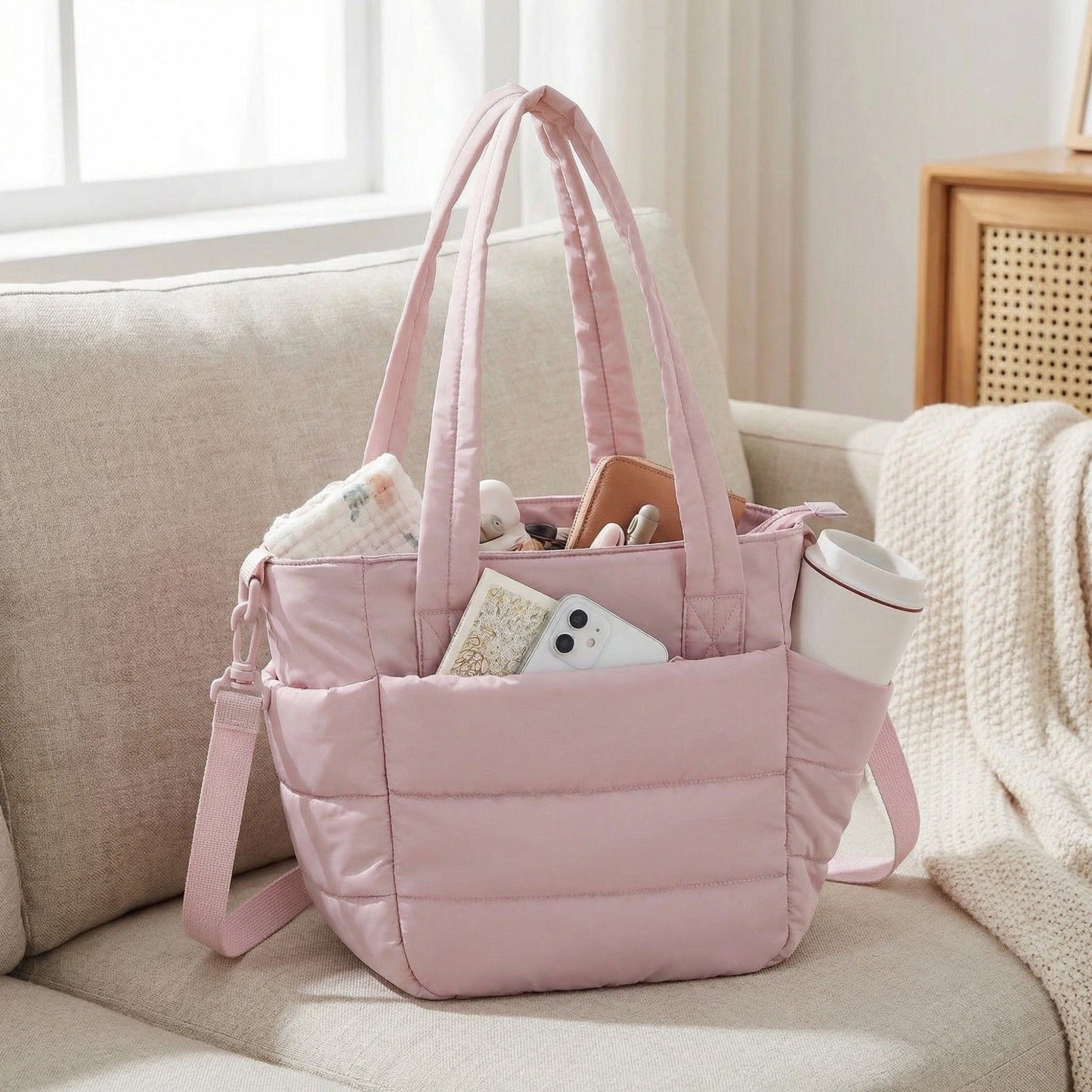 Quilted Puffer Tote Bag with Adjustable Shoulder Strap Multi Pocket Lightweight Carryall Handbag 13x6x10 in
