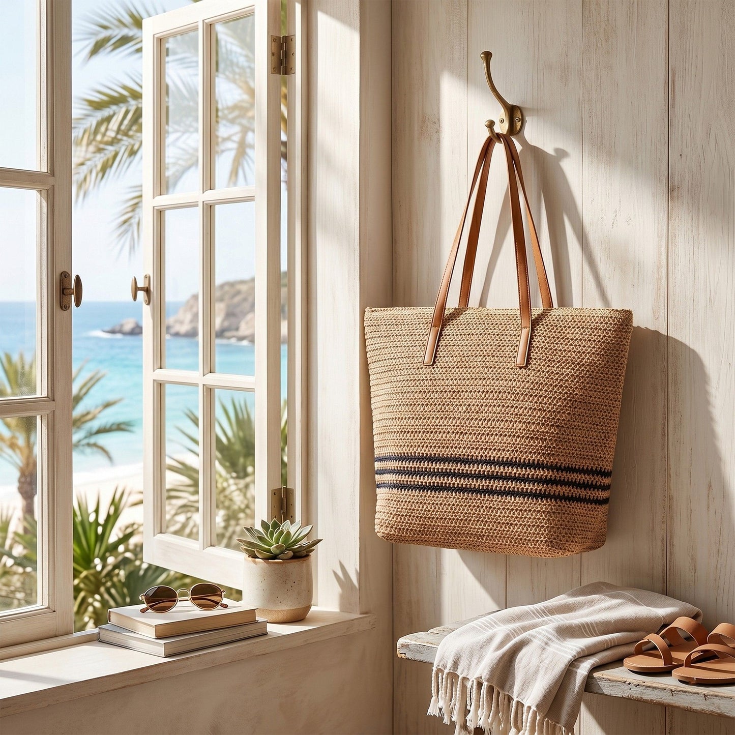 Woven Crochet Tote Bag with Striped Pattern Leather Shoulder Strap Lightweight Large Capacity Handbag