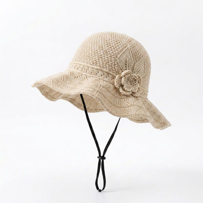 Crochet Wide Brim Sun Hat with Floral Accent Scalloped Edge and Chin Strap
