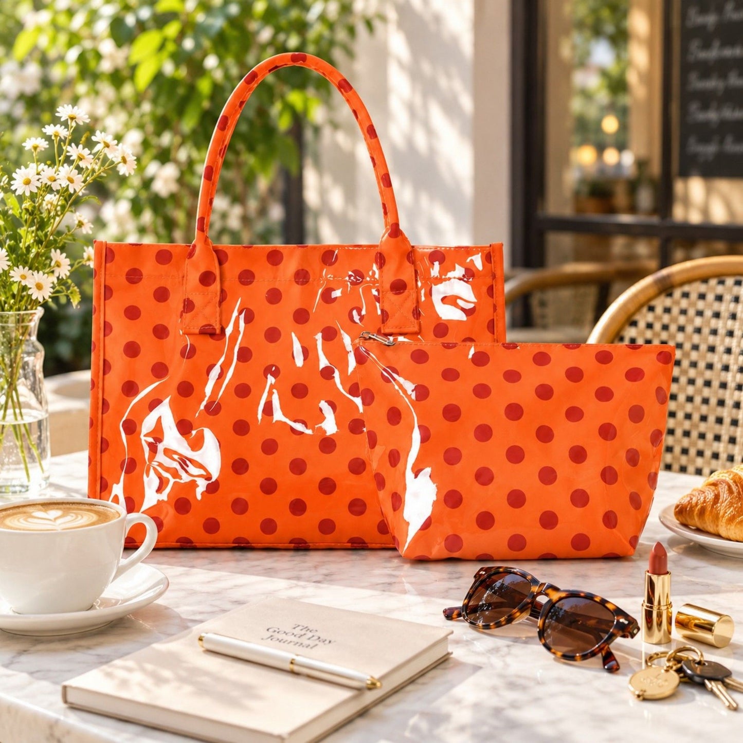 Polka Dot Tote Bag with Matching Cosmetic Pouch Set