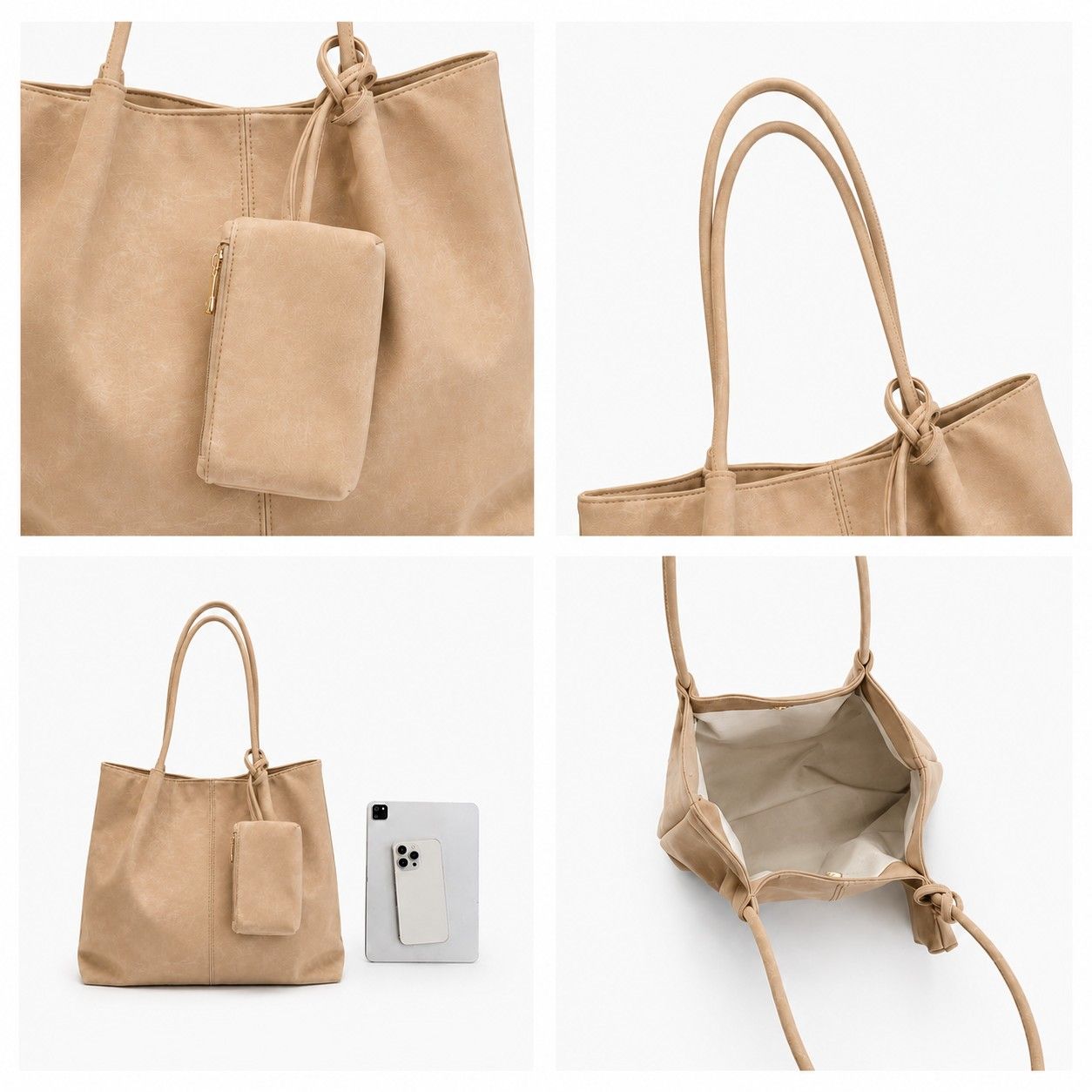 Soft PU Leather Tote Bag with Removable Pouch and Shoulder Handles