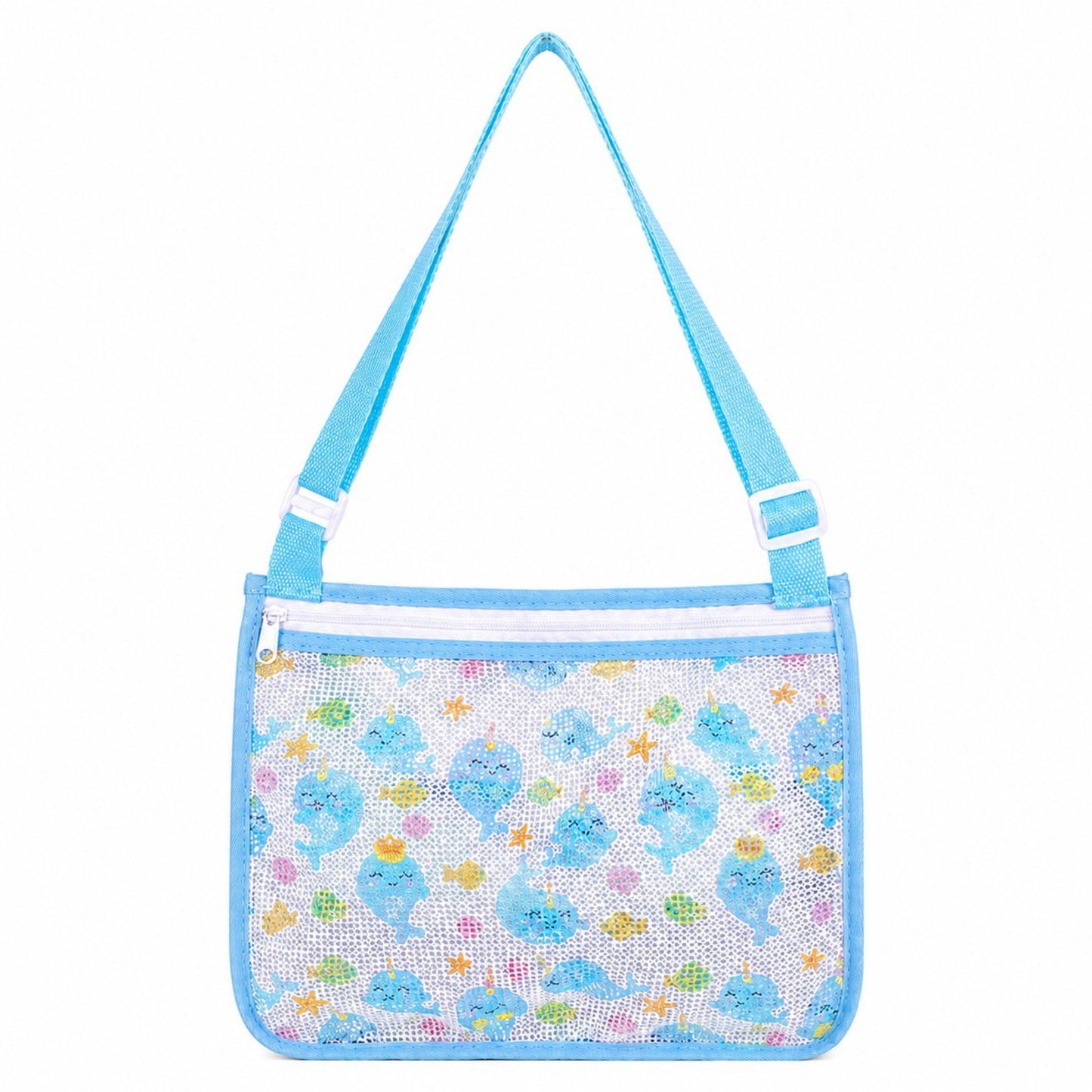 Printed Mesh Beach Shoulder Bag with Adjustable Strap Zip Top Lightweight See Through Tote for Pool
