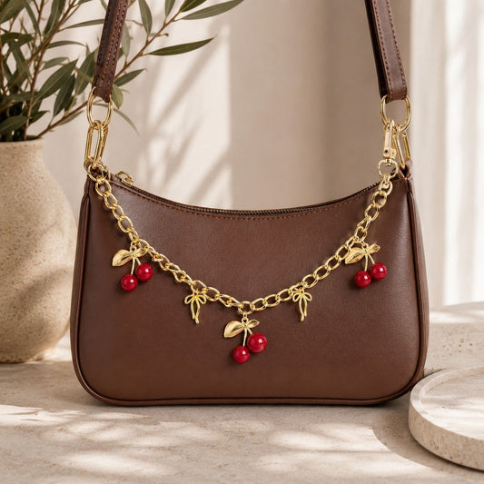 Cherry Charm Decorative Bag Chain with Double Clasps and Gold-Tone Hardware