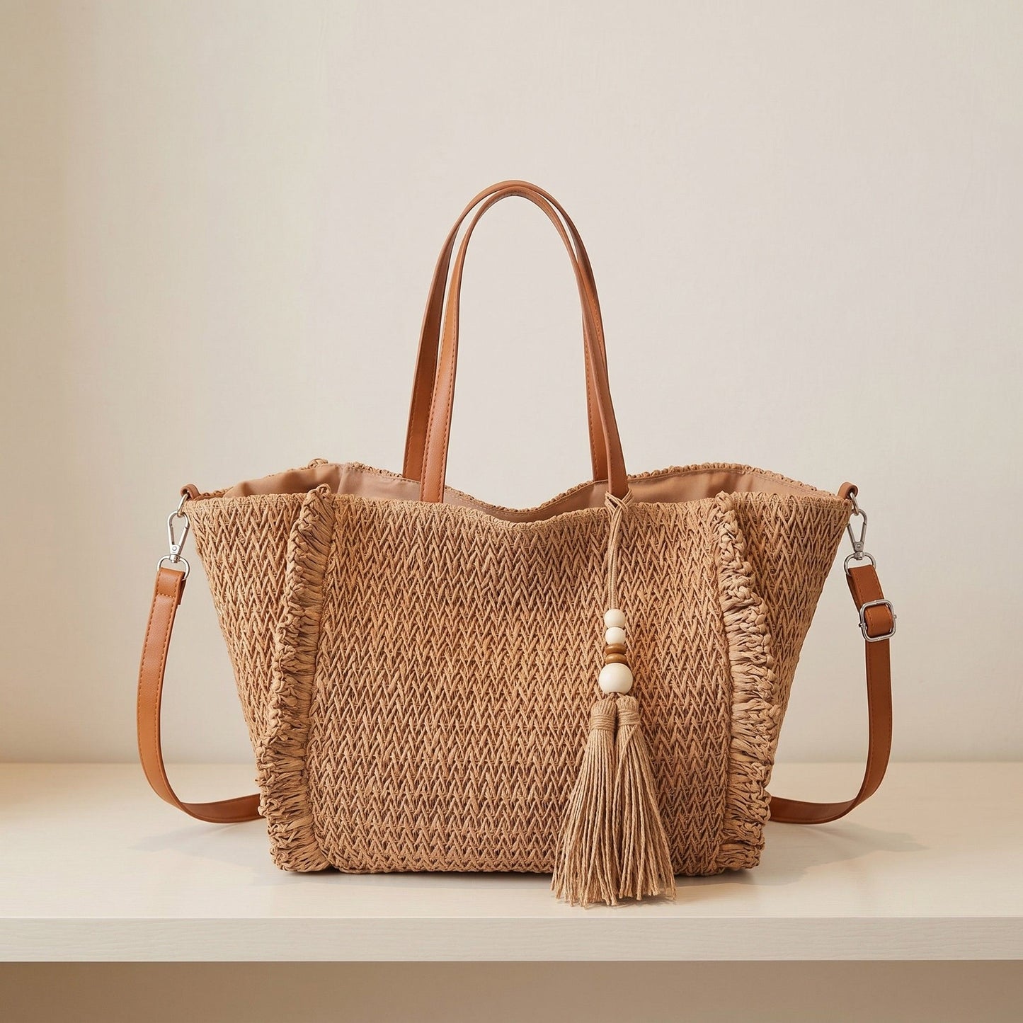 Fringe Woven Tote Bag with Detachable Strap Zip Closure and Tassel Accent