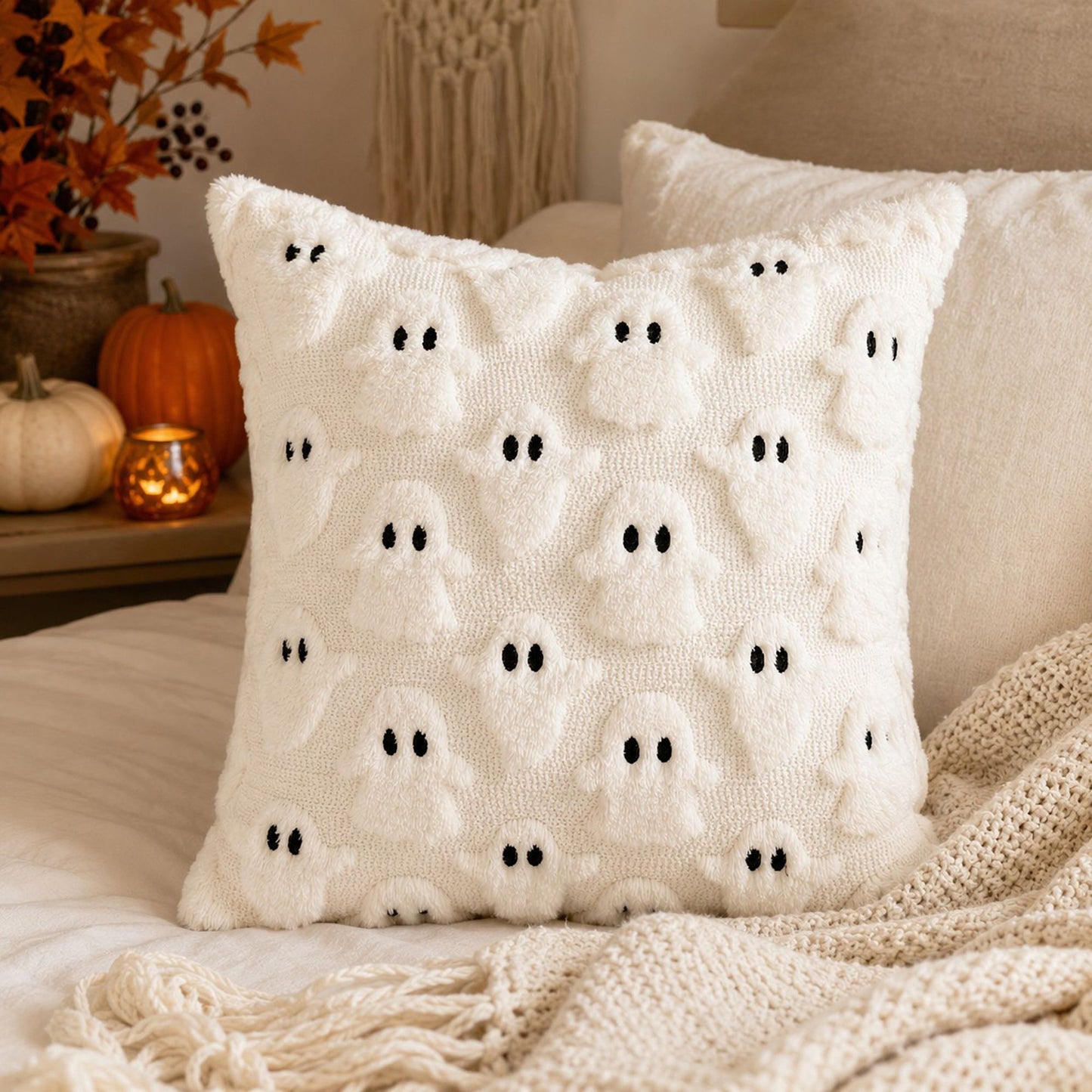 Halloween Ghost Textured Decorative Throw Pillow Cover for Sofa Bed Chair