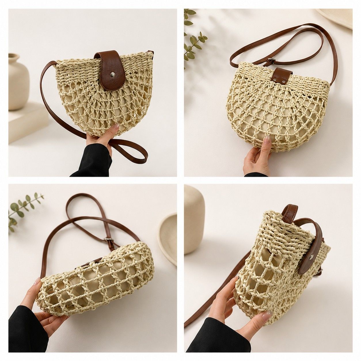 Woven Straw Crescent Crossbody Handbag with Adjustable Shoulder Strap