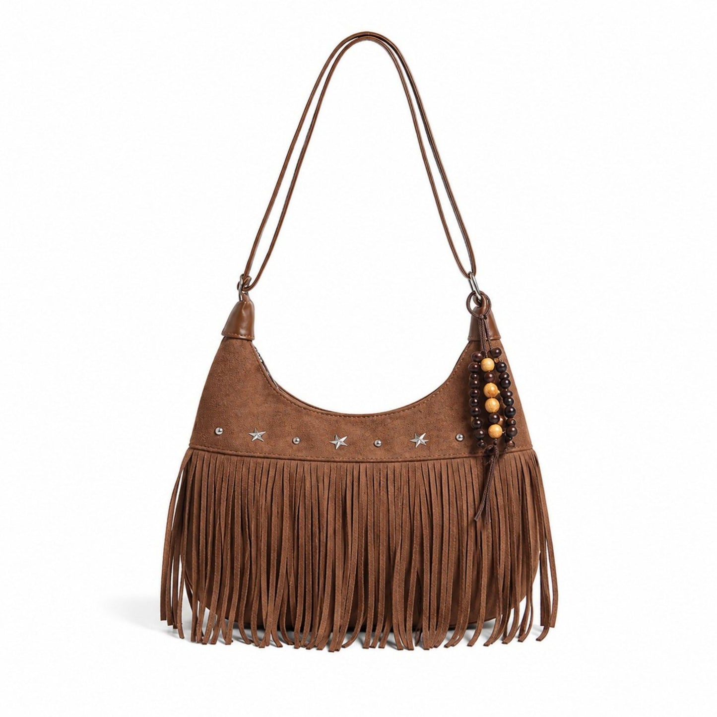 Suede-Like Fringe Hobo Shoulder Bag with Studded Star and Beaded Charm Details