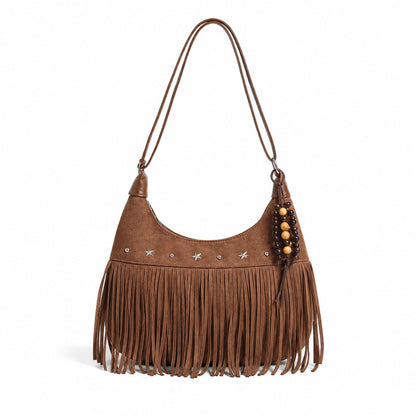 Suede-Like Fringe Hobo Shoulder Bag with Studded Star and Beaded Charm Details