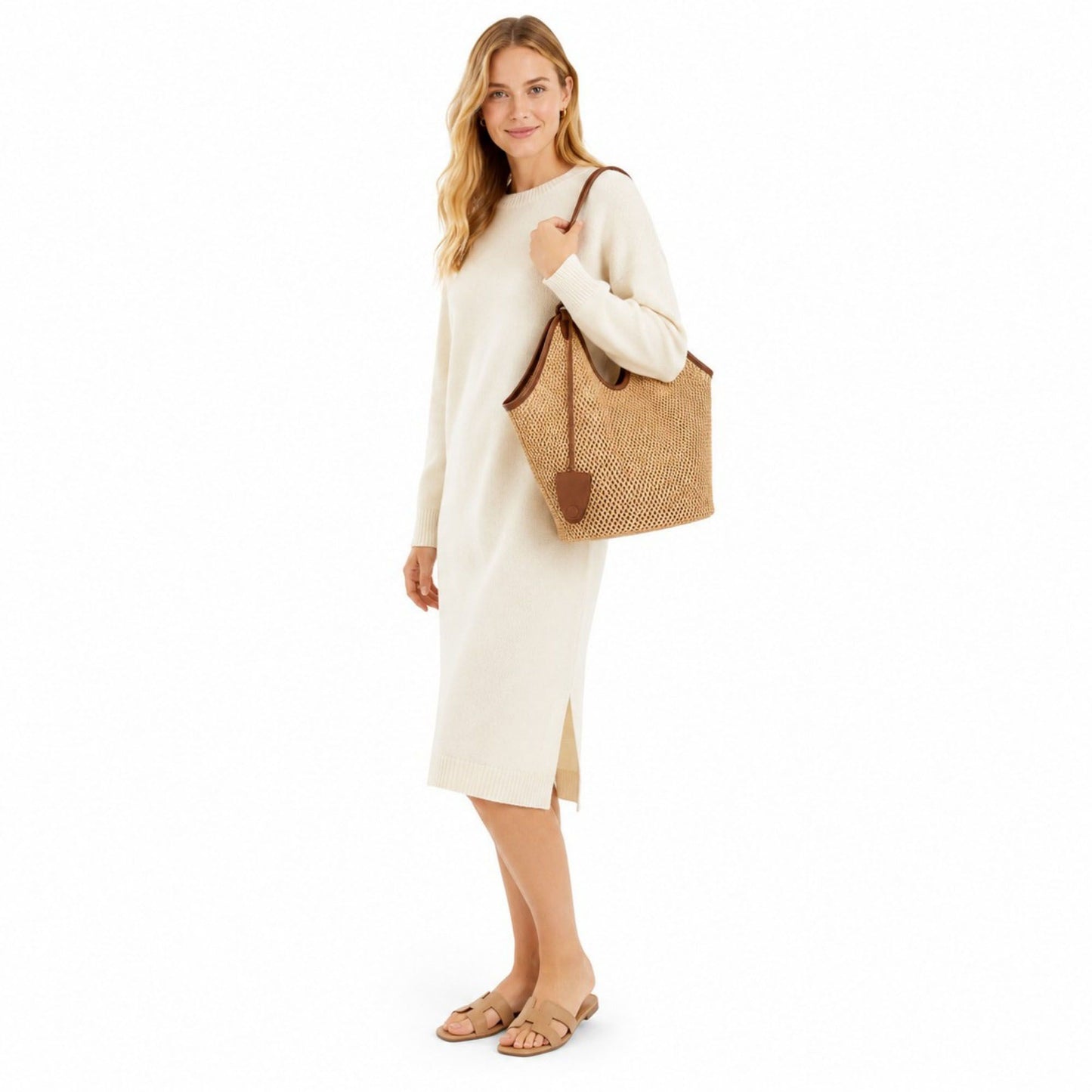 Woven Straw Style Tote Bag Large Capacity Shoulder Bag with Faux Leather Trim