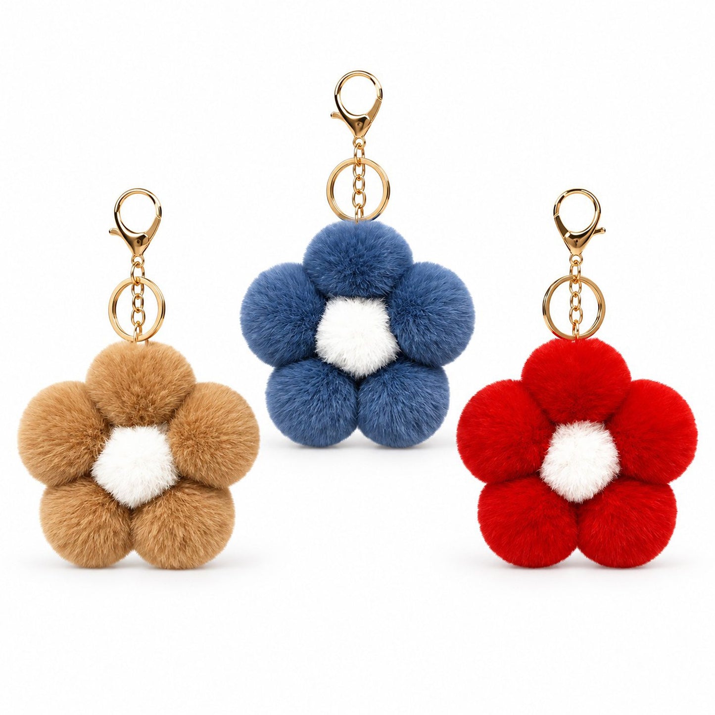 Fluffy Flower Pom Pom Keychain Cute Faux Fur Bag Charm Set