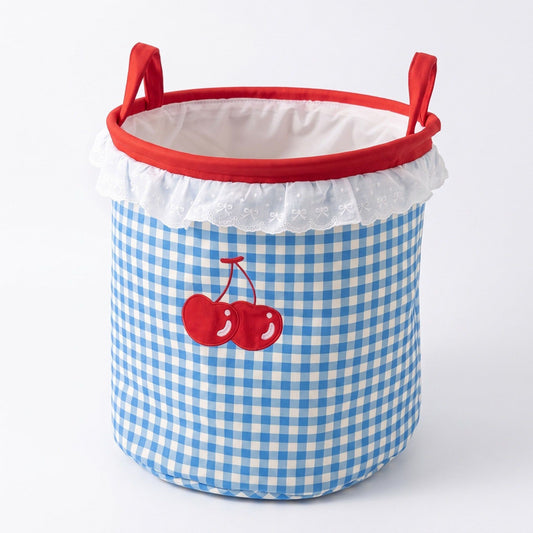 Cherry Embroidered Gingham Laundry Hamper with Lace Ruffle & Handles