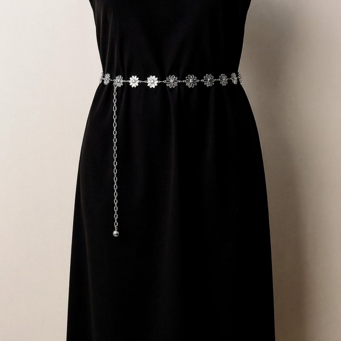 Floral Metal Chain Belt with Adjustable Link and Drop Detail 45.5in