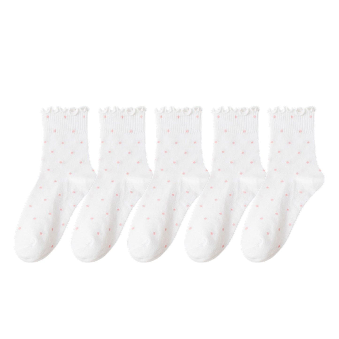 Polka Dot Ankle Socks Set Soft Cotton Blend Ruffle Trim Cuff Multiple Color Combos 5 Pairs