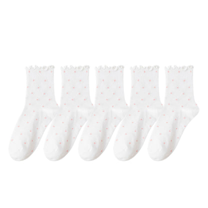 Polka Dot Ankle Socks Set Soft Cotton Blend Ruffle Trim Cuff Multiple Color Combos 5 Pairs
