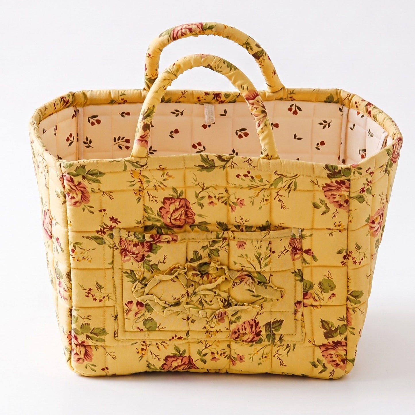 Quilted Floral Storage Basket with Handles and Front Pocket