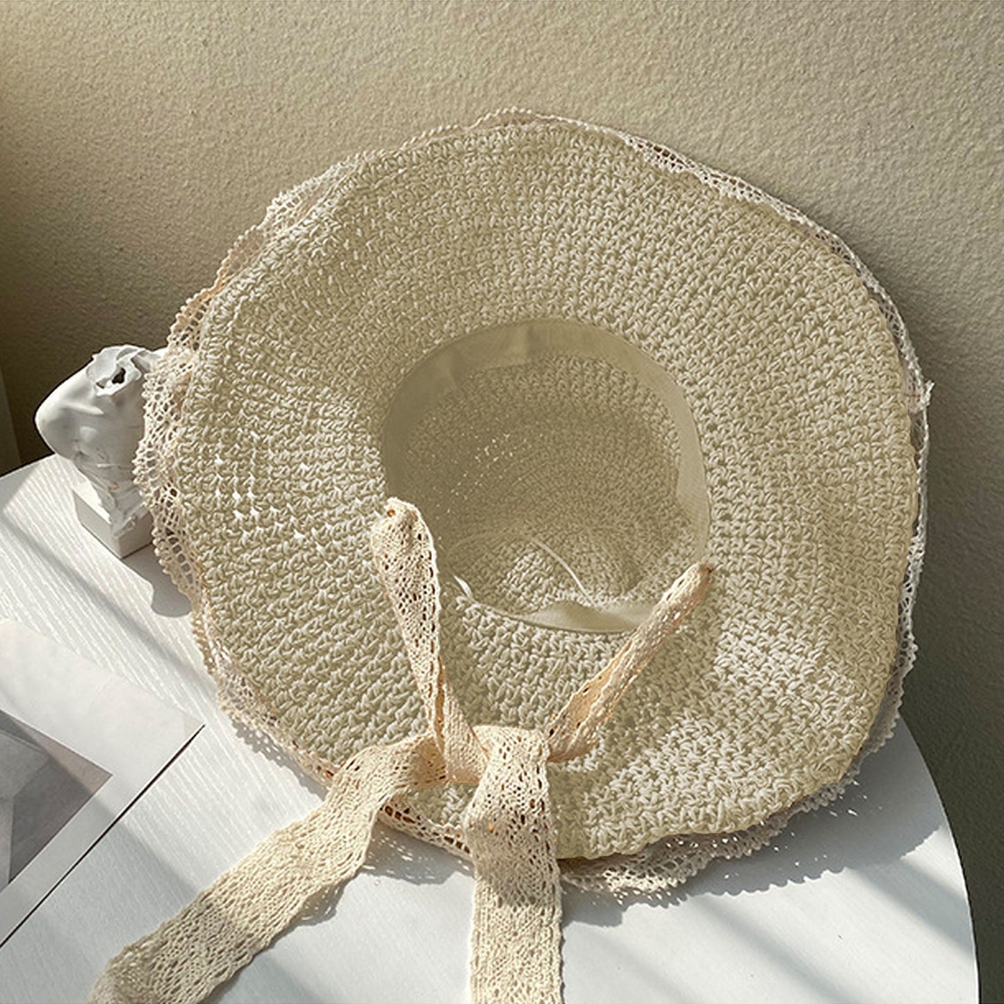 Crochet Straw Sun Hat with Lace Trim & Bow