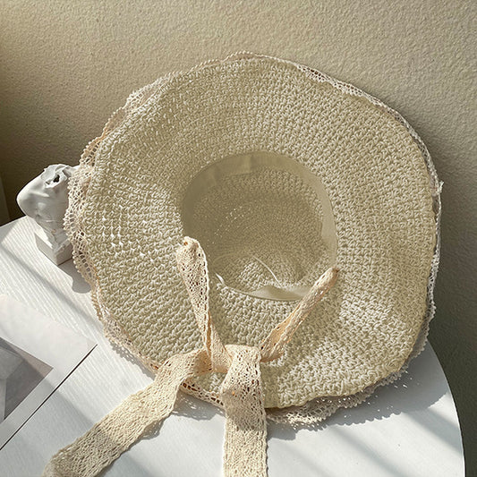Crochet Straw Sun Hat with Lace Trim & Bow