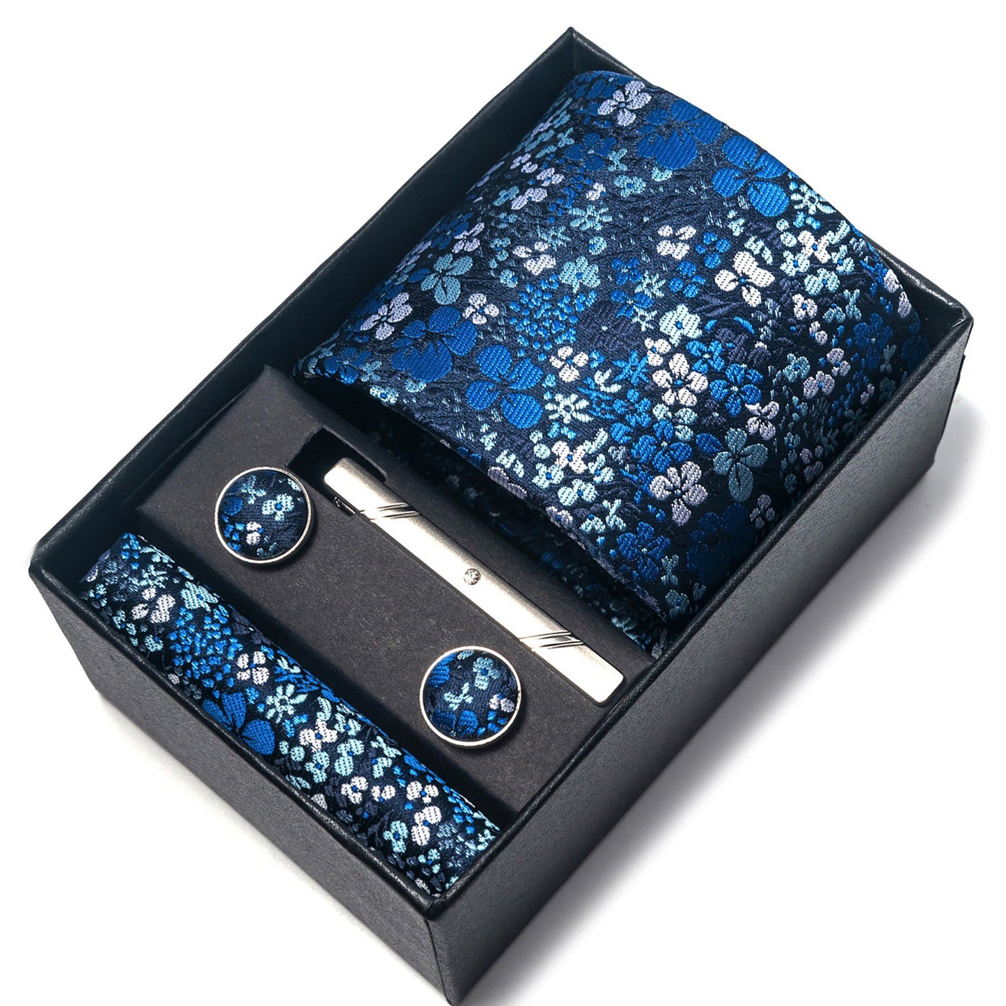 Men's Rose Floral Tie Gift Set with Matching Pocket Square Cufflinks and Silver Tie Clip