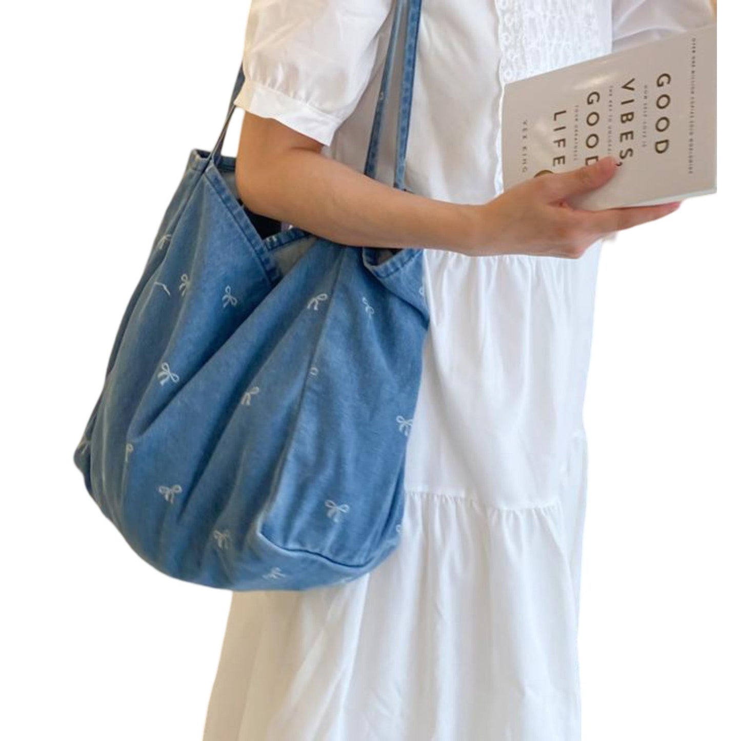 Denim Tote Bag with Printed Bow Design and Large Spacious Interior