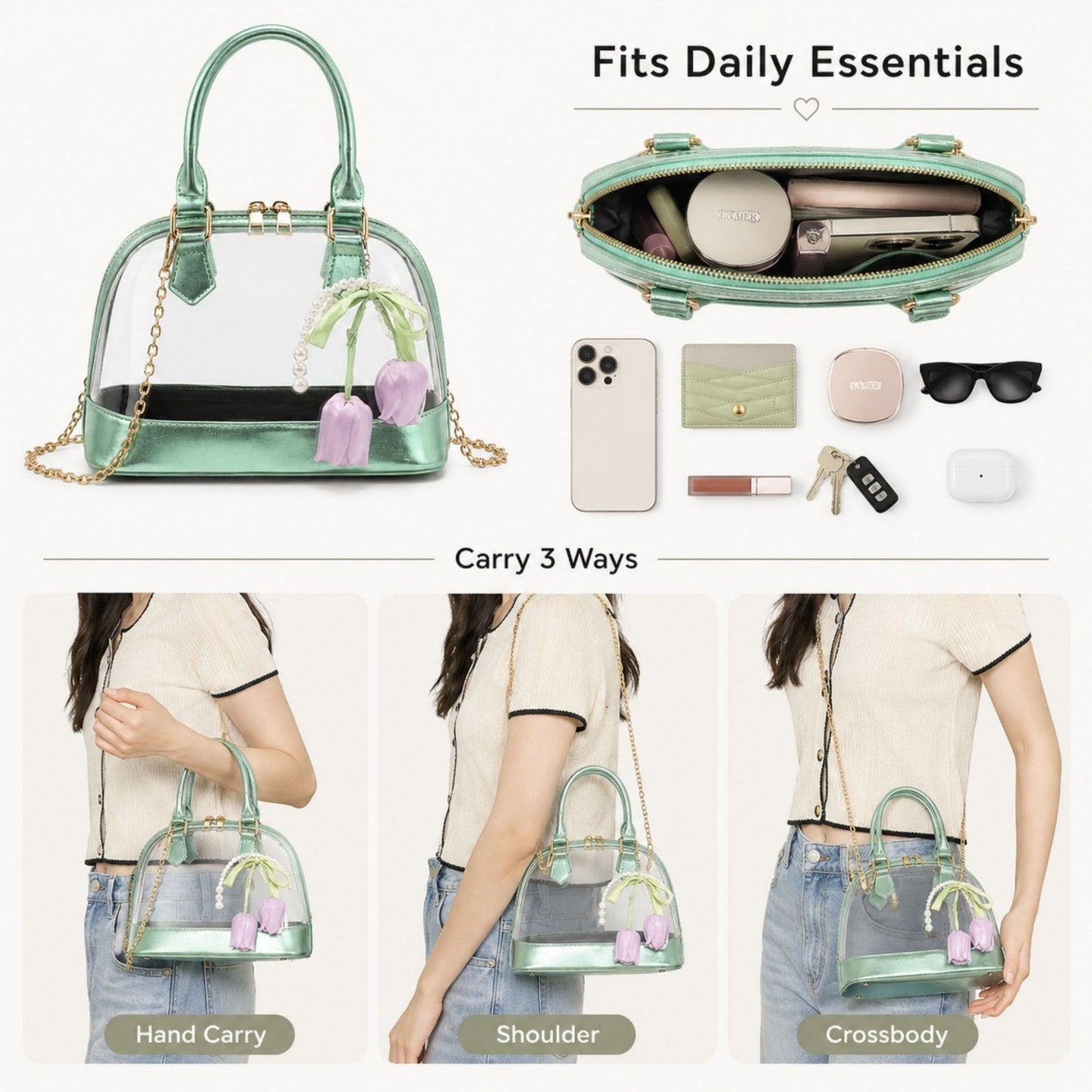 Clear PVC Mini Satchel Bag with Chain Strap and Floral Pearl Charm