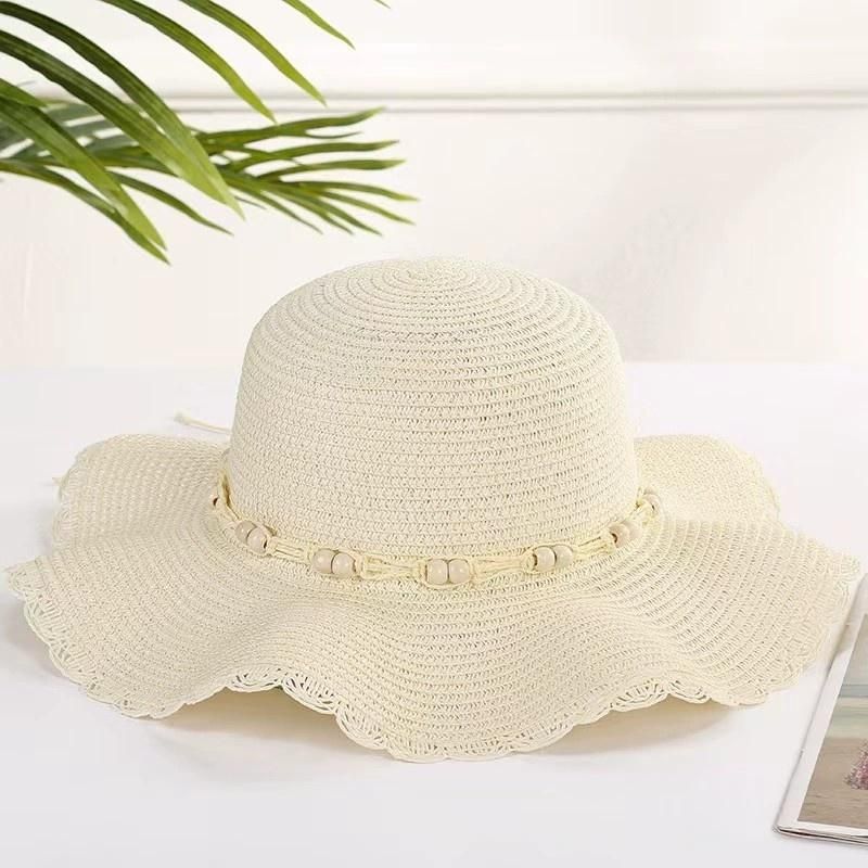 Women Straw Sun Hat Wide Brim Floppy Beach Hat Woven Scalloped Edge Adjustable Summer Hat