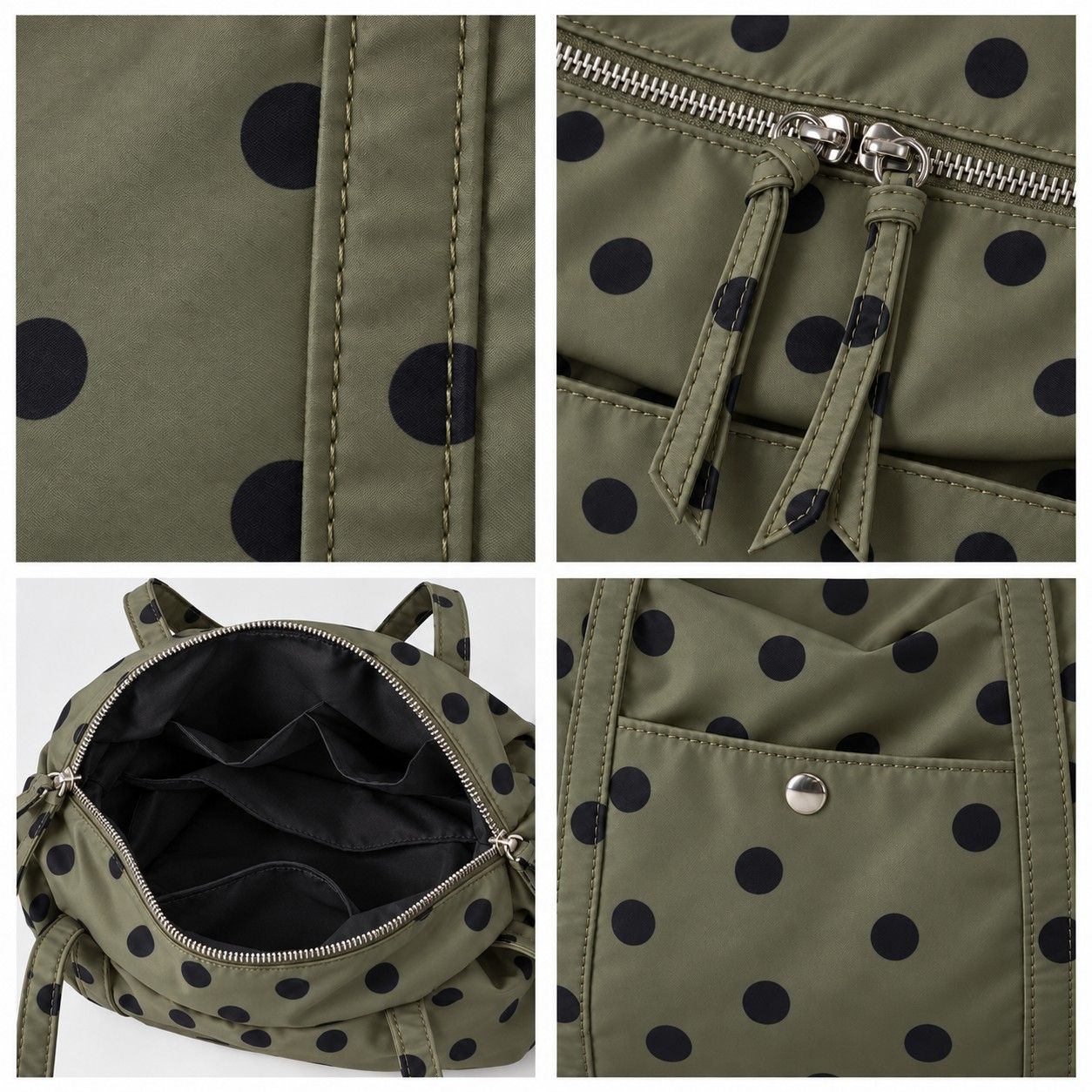 Polka Dot Nylon Barrel Shoulder Bag with Double Handles Zip Closure and Interior Pockets