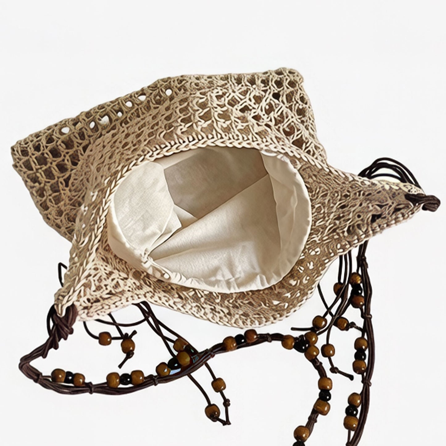 Crochet Shoulder Bag with Beaded Strap Tassel Drawstring Detail Lightweight Knit Hobo Handbag