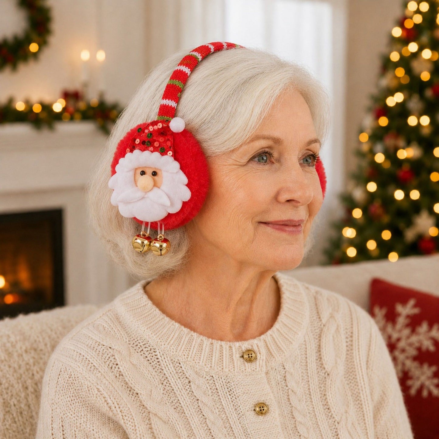 Christmas Santa Plush Earmuffs with Jingle Bell Accents