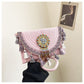 Women's Woven Crossbody Bag with Beaded Medallion Tassel Flap and Long Strap