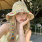 Crochet Bucket Sun Hat with Beaded Chin Strap and Open Weave Brim